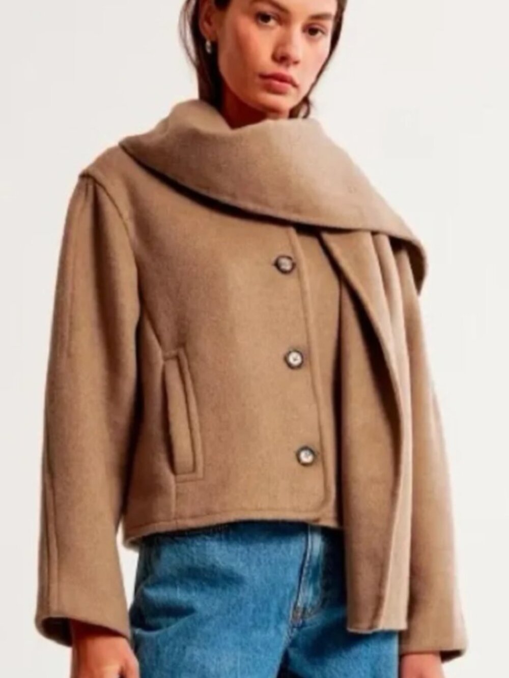 Abercrombie Tan Short Wool Removable Scarf Jacket
